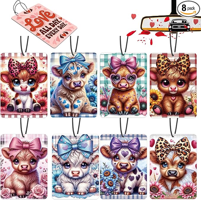 Car Air Fresheners Highland Cow Gifts Ornament for her 8 Pack, Cute Cow Hanging Car Accessories Interior for Women Wife Girls Lover Home Decorations Gift Birthday Party Valentines Day Gifts
