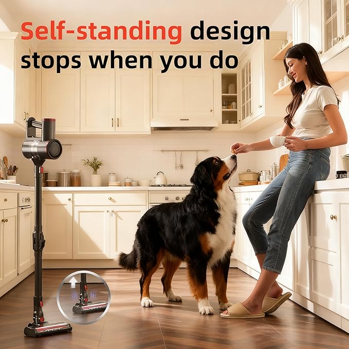 Cordless Vacuum Cleaner for Home,Cleans Under Furniture Without Bending,40Kpa 45Mins,Self-Standing,Powerful Stick Vacuum Cordless for Pet Hair,Hard Floors,Carpets,Car