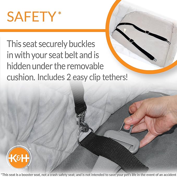 K&H Pet Products Bucket Booster for Small & Medium Dogs - Washable Heated Car Seat with Safety Leashes - Charcoal/Cream