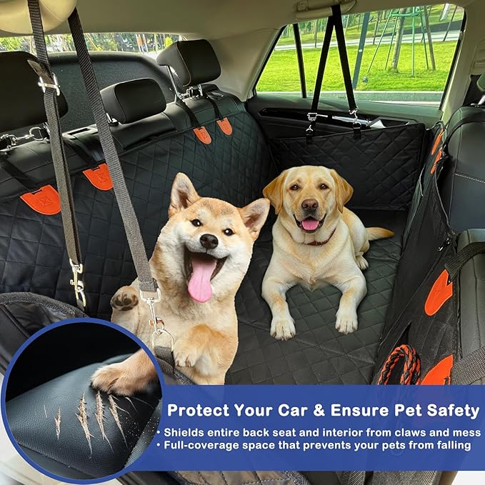 Hard Bottom Car Seat Cover for Dogs - 40% More Activity Space, Functions as Hammock and Flat Platform, Waterproof & Odorless, Non-Slip for Large Dogs, Fits Most Cars, Trucks, SUVs