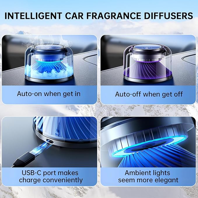 Car Air Freshener Diffuser for Essential Oils, Smart Automatic Car Fragrance Diffuser with 3 Adjustable Intensity & Auto On/Off, Premium Sandalwood Cologne Long-lasting