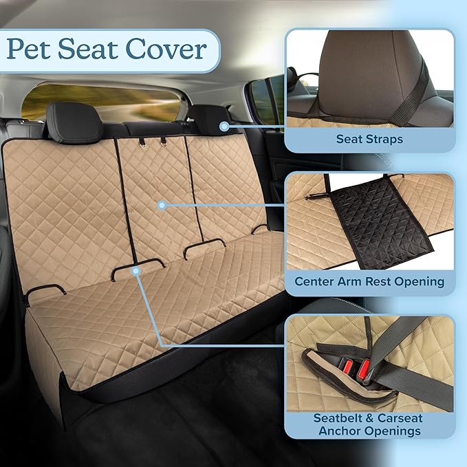 Dog Car Seat Cover for Back Seat - Water-Resistant Car Seat Protector for Cars, Trucks, and SUVs - Seat Cover Protects from Scratches, Mud, Pet Hair and Accidents - Car Accessories by PETMAKER (Beige)