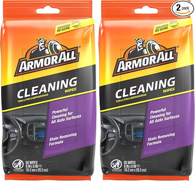 Armor All Car Cleaning Wipes, 60 Count Flat Pack, Powerful Car Wipes for Dashboards, Vinyl, Clear Plastics, Carpet and Fabric (Pack of 2)