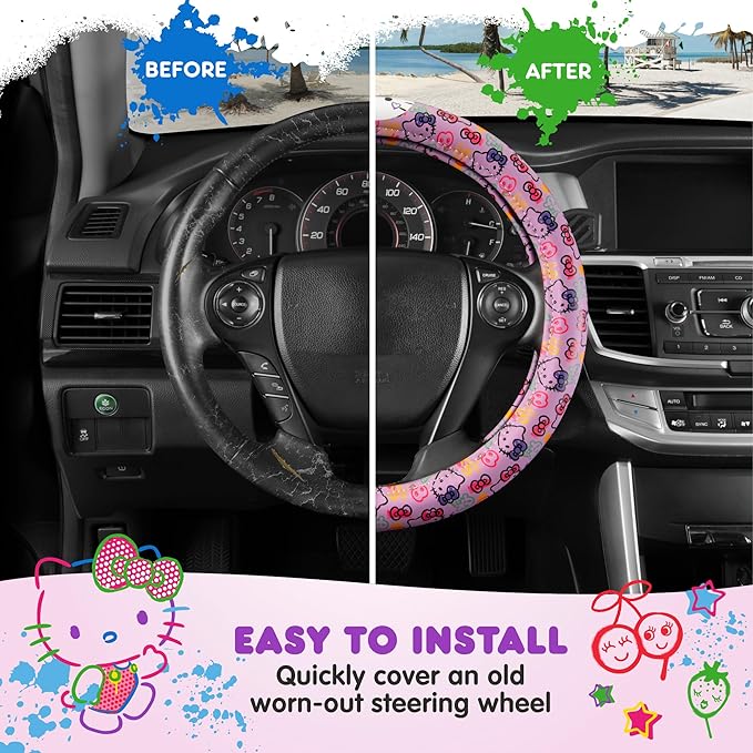 Hello Kitty Steering Wheel Cover, Official Sanrio Car Steering Wheel Cover with Easy Clip-on Car Air Freshener – Cute and Long-Lasting Hello Kitty Air Freshener for Car, Odor Eliminator, Fun Scents