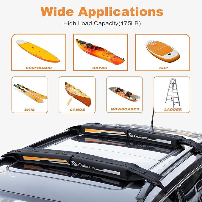 Golkcurx Universal Soft Roof Rack Pads for Kayak,Surfboard, SUP, Canoe, Snowboard with15FT Tie-Down Straps*2 and Storage Bag*1 (Black)