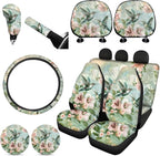 FKELYI Floral Hummingbird Car Seat Covers Full Set - Steering Wheel, Gear Shift, Handbrake, Headrest Covers & Cup Coasters