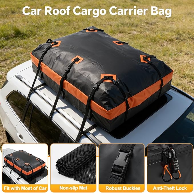 NEWBULIG Car Rooftop Cargo Carrier Bag, 15.1 Cubic Feet Duty Waterproof Bag for All Vehicles with/Without Racks. Includes Anti-Slip Mat, Reinforced Straps, 6 Door Hooks, Storage Bag & Luggage Lock.