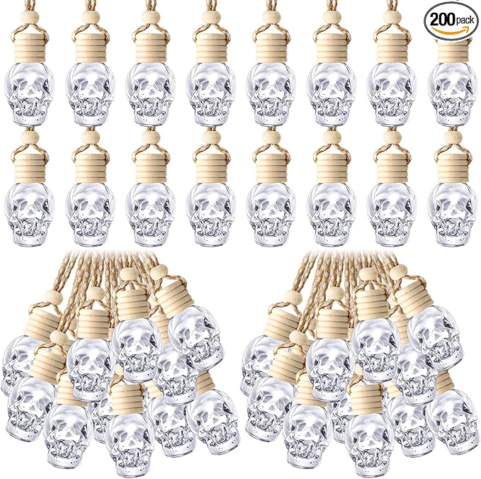 BBTO 200 Pcs Hanging Car Diffuser Bottles Bulk, Empty Clear Glass Air Freshener Bottles with Wooden Cap for Perfume Essential Oils Fragrance Aromatherapy Ornament(Skull)