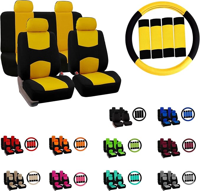 FH Group Car Seat Covers Flat Cloth Automotive Beige Full Set, Rear Solid Bench Universal Fit Combo Steering Wheel Cover & Seat Belt Pads Car Seat Protector for Cars Trucks SUV Interior Accessories