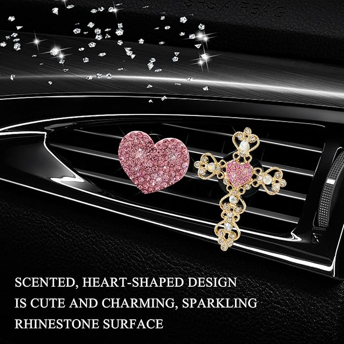 2 PCS Bling Car Vent Clip, Crystal Rhinestone Cross and Heart Car Air Fresheners Vent Clips, Diamond Car Air Conditioner Outlet Decoration Charm for Women, Car Accessories (Pink)