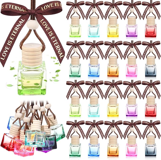 Mudder 50 Pcs Gradient Hanging Car Air Freshener Empty Clear Glass Diffuser Bottles for Essential Oils Perfume Pendant for Women Guests Wedding Favors Employee Appreciation Gifts(Cube,Colorful)