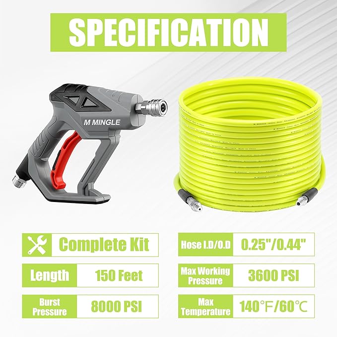 M MINGLE Sewer Jetter Kit for Pressure Washer 150 FT, Drain Cleaner Hose with Power Washer Gun, 1/4 Inch NPT Corner Rotating and Button Nose Sewer Jetting Nozzle, Orifice 4.0, 4.5