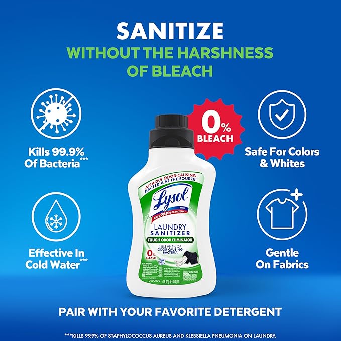 Lysol Tough Odor Eliminator Laundry Sanitizer Additive, Sanitizing Liquid for Gym Clothes and Activewear, 0% Bleach, Eliminates Odor Causing Bacteria, 41oz