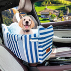 Cullaby Console Dog Car Seat - Portable Dogs Armrest Booster Seat for Small Dog, Anti-Collapse Pet Car Seat with Soft Cushion Safety Belt, Support Pet Up to 15lbs (Blue& White Stripes)