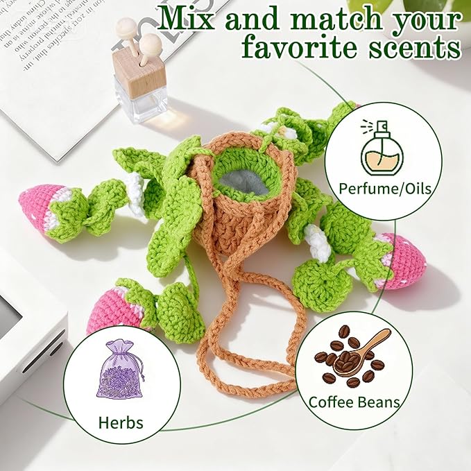 Crochet Car Air Freshener, 8ml Empty Refillable Oil Diffuser Bottle with Hanging Crochet Pink Strawberry Plant & Hanging Tools, Car Rearview Mirror Diffuser for Wall Art & Home & Office Decoration