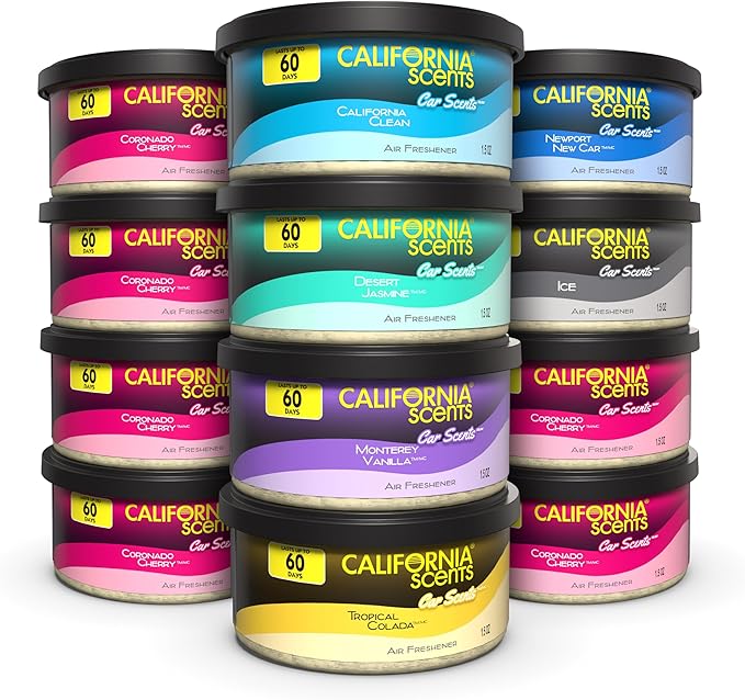 California Scents Can Air Freshener and Odor Neutralizer, Set of 12 Spillproof Cans for Home and Car, Assorted Scents, 1.5 Oz Each (Packaging May Vary)