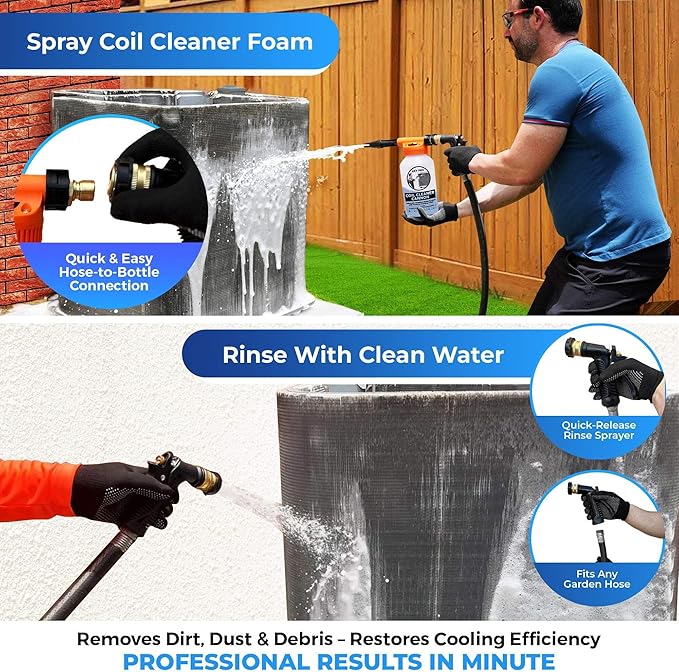 AC Coil Cleaner Cannon Sprayer - Automatic Mixing Foam Gun for HVAC Coil Cleaner - Air Conditioner Coil Cleaner for AC Unit, Evaporator & Condenser Coils - 2-Quart Bottle with Dilution Ratios + Gloves