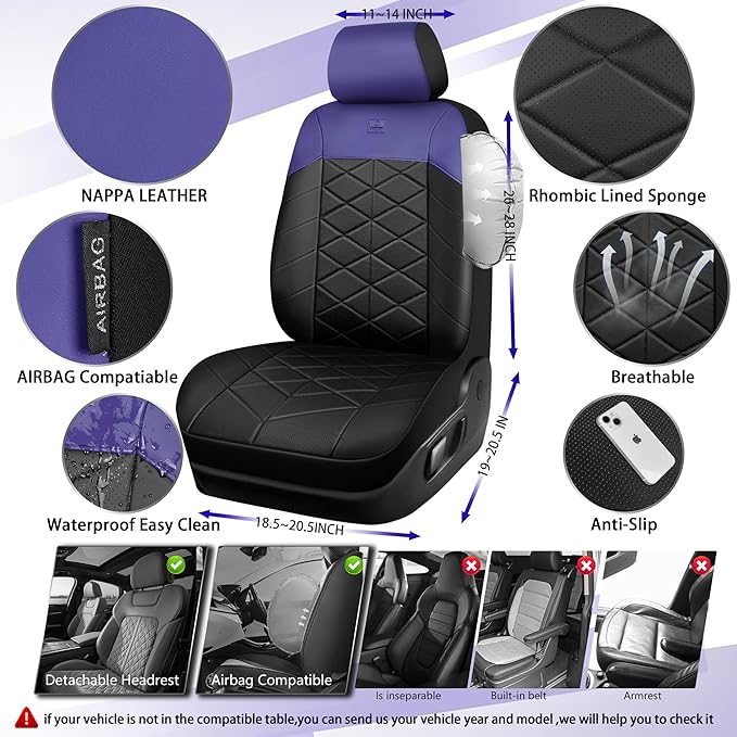 CAR PASS Nappa Leather Seat Covers for Car, Waterproof Seat Covers Full Set, Luxury 3D Rhombus Lined Sponge Airbag Compatible Universal Fit for Automotive SUV Truck Pickup Sedan, Black Blue