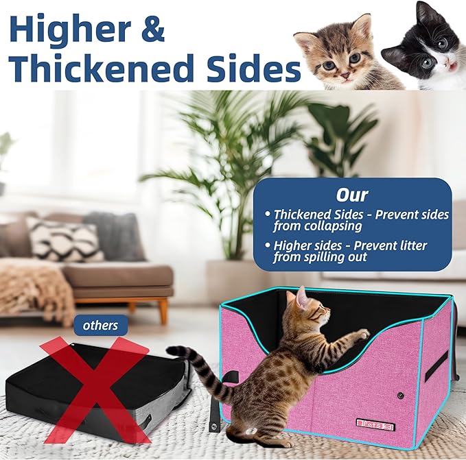 Petskd Portable Travel Litter Box for Cats with Lid and 10 pcs Liner Bags, Light Weight, Leak-Proof and Higher Sides for Road Trips, Hotel Stays, Car Travel(Pink)