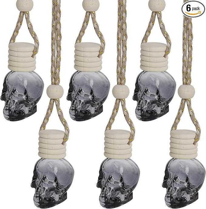 Skull Air Freshener Car Hanging, Car Air Freshener Cars Diffuser Bottles, Refillable Perfume Bottles Pendant Auto Interior Decor for Essential Oil Fragrance Aromatherapy Bottle Ornament (6 Pcs)