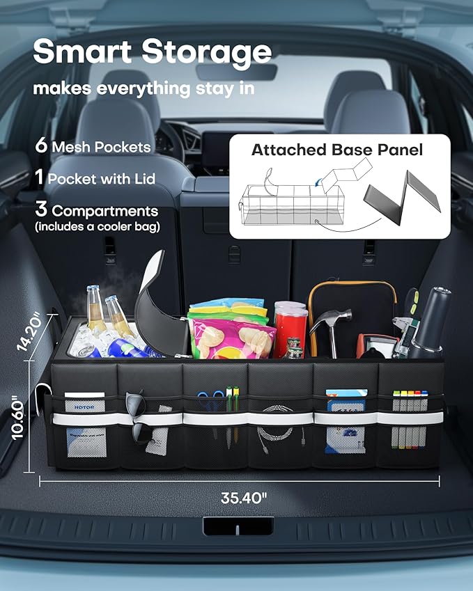 HOTOR Trunk Organizer - Car Organizer with Built-In Leakproof Car Cooler, Collapsible Trunk Organizer with Cooler for SUV, Sedan, with Base Panel (3 Compartments, Black), 35.4"×14.2"×10.6"