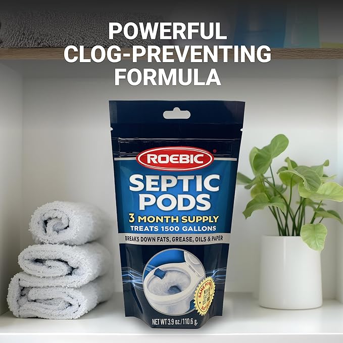 Roebic Septic Tank Treatment Pods, 3 Month Supply of Easy Flush Dissolvable Packets, Bacterial Enzyme Formula for Clog Prevention, Odor Control, Treats 1500 Gallons, 3 Pods