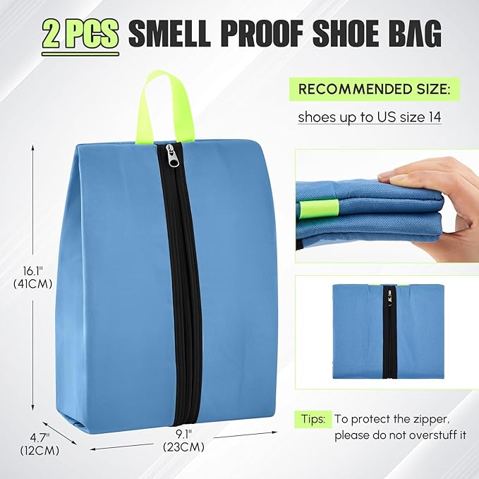 2 Pcs Smell Proof Cleat Bag for Sports, 4 Layer Odor Absorbing Soccer Football Baseball Golf Shoe Bag, Waterproof Mud Resistant Shoe Storage Pouch Fits up to Size 14 (Gray,Blue)