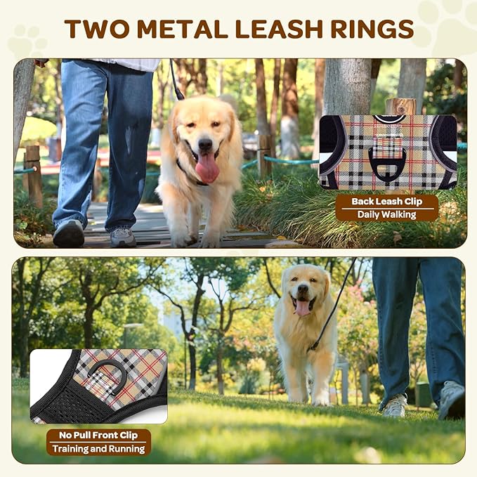 FURRYFECTION Plaid Dog Harness for Medium Dogs, Reflective No Pull Adjustable Pet Vest with Front Clip, Leash, Easy Control Handle and Seat Belt, Beige&White, M