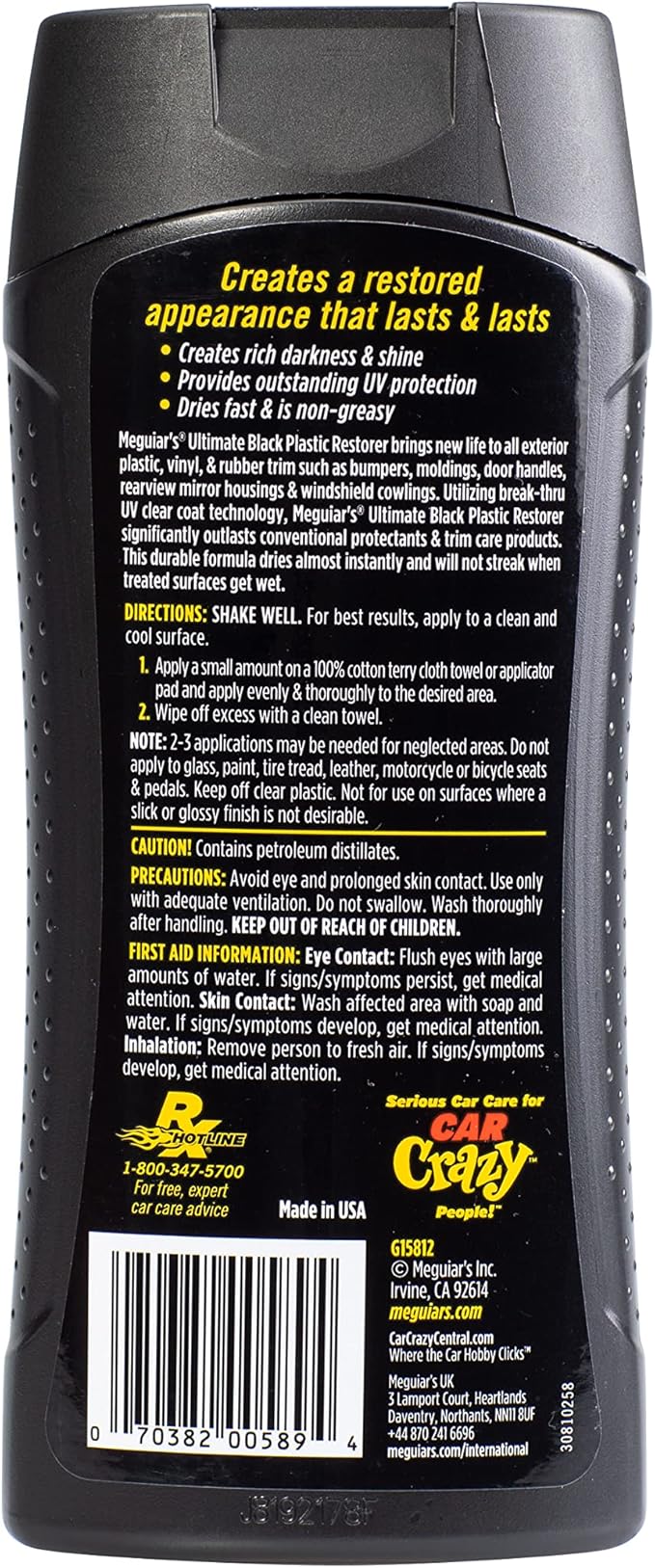 Meguiar's Ultimate Black Plastic Restorer, Durable Car Restorer for Faded Black Plastic, Vinyl, and Rubber, Restores Deep Color and Shine, for Car Guys, 12 Oz