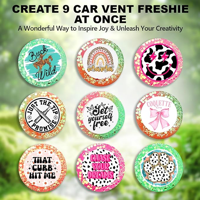 MUBYOK M538 Scented Car Vent Freshie Supplies Starter Kit,DIY 9 Car Air Fresheners with 250g Midnight Ice Aroma Beads,2 inch Circle Silicone Molds,Vent Clip,Glitter & CardStock