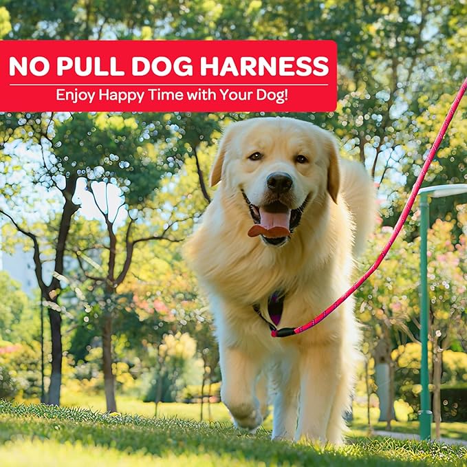 FURRYFECTION Plaid Dog Harness for Large Dogs, Reflective No Pull Adjustable Pet Vest with Front Clip, Leash, Easy Control Handle and Seat Belt, Red&Black, L