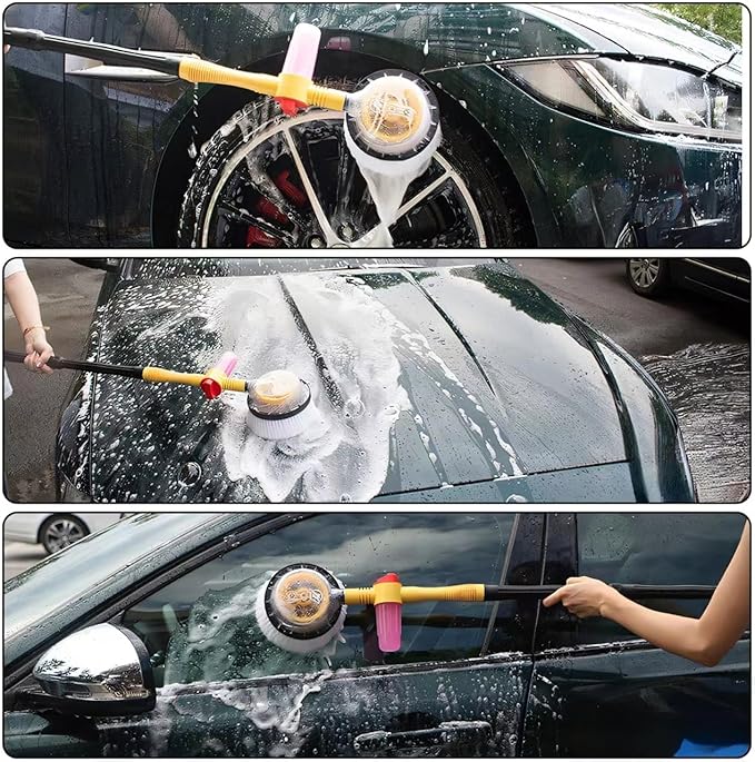 Car Wash Brush with Long Handle,Auto Rotating Car Wash Brush Cleaning Kit 360° Spin Car Mop with Pressure Washer Gun and Hose Nozzle for Cars RV Truck Yards Gardens etc