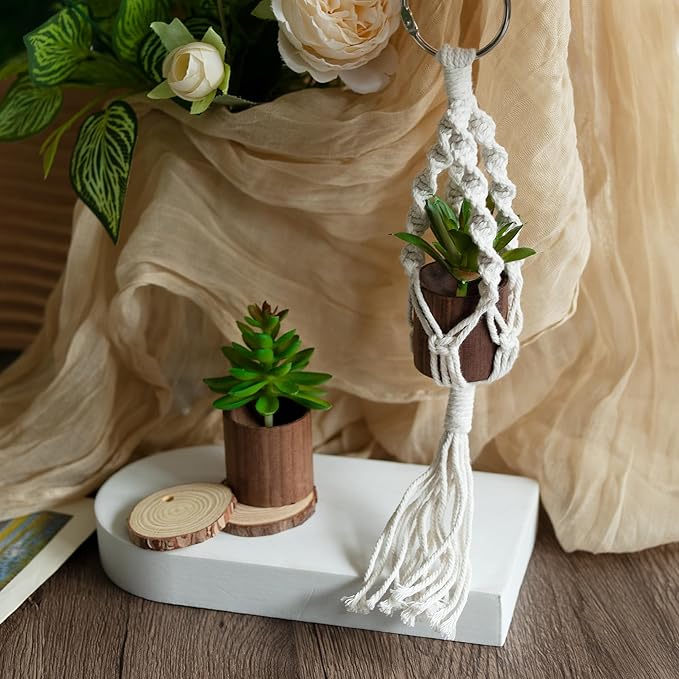 2 Pack Car Air Freshener Mirror Hanging Accessories Mini Macrame Crochet Plant with Wooden Essential Oil Diffusers Cute Boho Plant for Rear View Mirror Home Office Decor