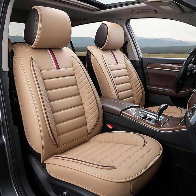 OASIS AUTO Car Seat Covers Full Set Premium Waterproof Faux Leather Cushion Universal Accessories Fit SUV Truck Sedan Automotive Vehicle Auto Interior Protector (OS-001 Tan)