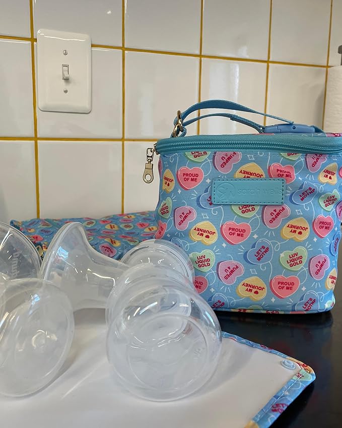 Sarah Wells Cold Gold Breastmilk Cooler Bag with Safety Tested Ice Pack – Insulated Milk Storage for Work, Travel & Daycare - Fits Bottles & Parts - Machine Washable (Candy Conversation Hearts)