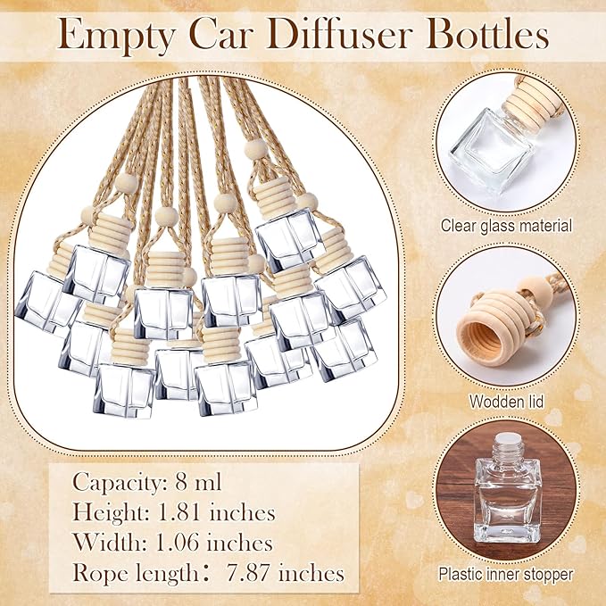 100 Sets Car Diffuser Bottles Empty Bulk Hanging Car Air Freshener Diffuser Bottles Glass Perfume Holder with Instruction Cards for Essential Oil Wedding Bridal Birthday Gifts (Square)