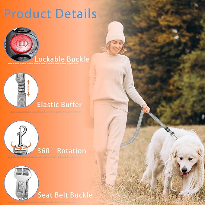 Retractable Dog Harness with Adjustable Seatbelt and Reflective Strap for Vehicle Safety, Heavy Duty & High Elastic Tension, Grey