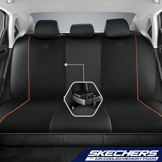 Skechers Air-Cooled Memory Foam Seat Covers,Mesh Thick Car Seat Covers,Piping Leather Car Seat Cover,Airbag Compatible,Automotive Comfort for Most Cars, Vans, Trucks, SUV(Brown, Full Set)