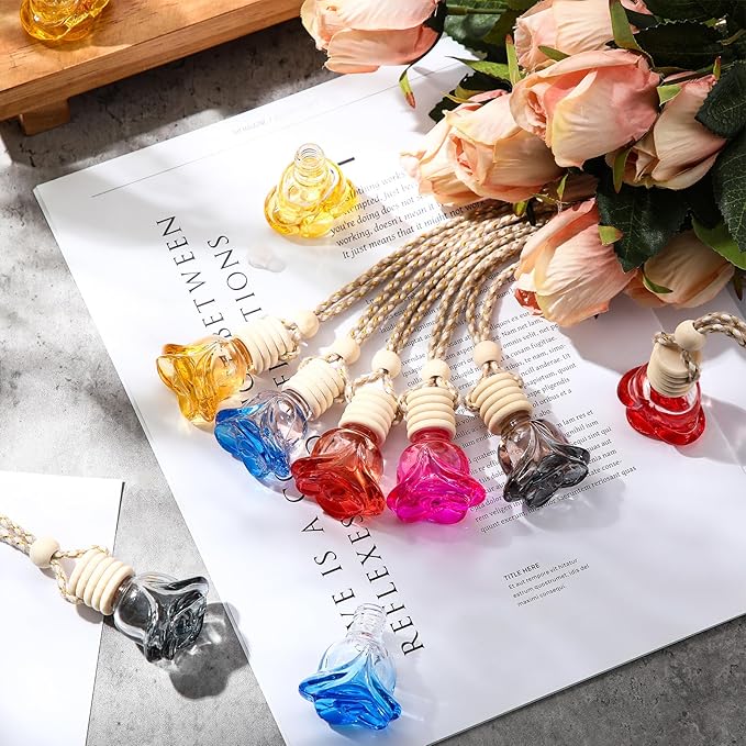 BBTO 50 Pcs Hanging Car Air Freshener Diffuser Bottles Empty Glass Perfume Bottle Pendant for Essential Oil (Colorful, Rose)