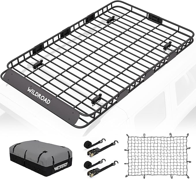 WILDROAD Roof Rack Cargo Basket, Upgraded 4” Fence Wide Car Roof Basket Combo, 84"x 50"x 4" Universal Roof Cargo Carrier Basket with Cargo Bag, Cargo Net and Ratchet Straps Fits for SUV Truck Cars