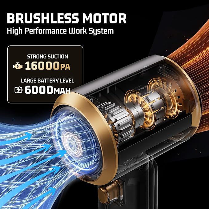 Cordless Car Vacuum Cleaner: Handheld Vacuum with 16000Pa Strong Suction, Brushless Motor & HEPA Filter, 7-in-1 Cleaning Kit, Type-C Charging for Home Office Car Pet