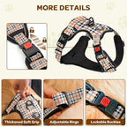 FURRYFECTION Plaid Dog Harness for Large Dogs, Reflective No Pull Adjustable Pet Vest with Front Clip, Leash, Easy Control Handle and Seat Belt, Beige&White, XL