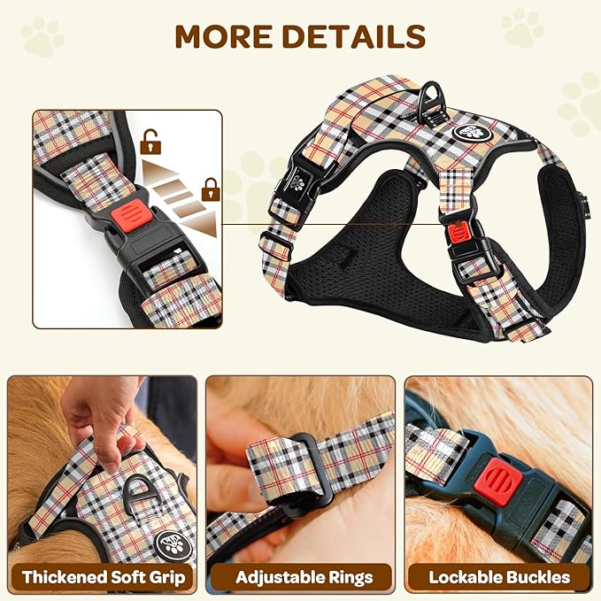 FURRYFECTION Plaid Dog Harness for Large Dogs, Reflective No Pull Adjustable Pet Vest with Front Clip, Leash, Easy Control Handle and Seat Belt, Beige&White, XL