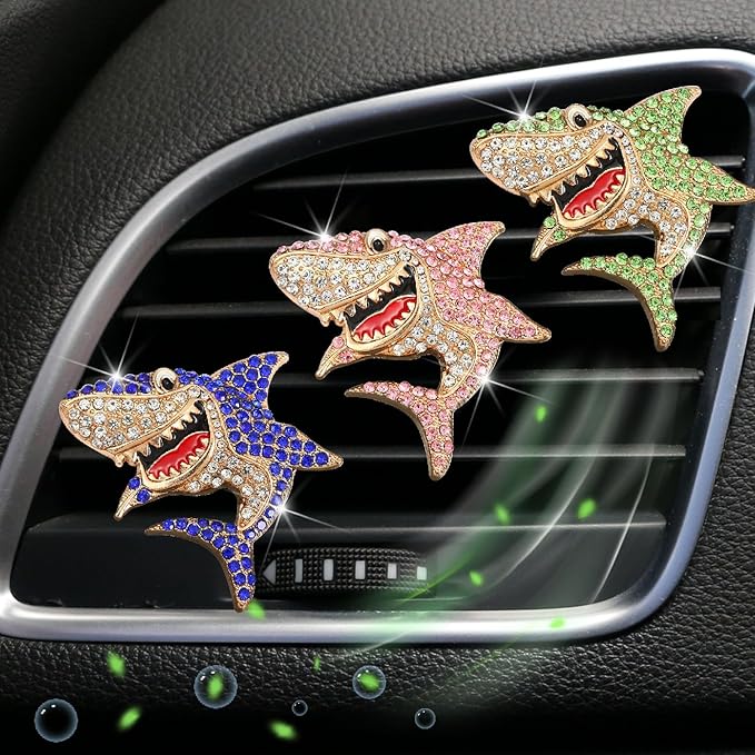 Generic 2 PCS Bling Rhinestone Sharks Car Air Vent Clips Cute Marine Animals Car Air Freshener Clip Air Conditioning Outlet Clip Funny Car Interior Decoration Accessories for Women Men (Blue Green)