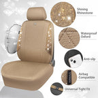CAR PASS Beige Oxford Bling Diamond Car Seat Covers Full Set Interior Sets, Waterproof Shining Glitter Sparkly Crystal Universal Armrest Fit 95% Automotive Truck SUV Cute Women Girl, Beige Rhinestone
