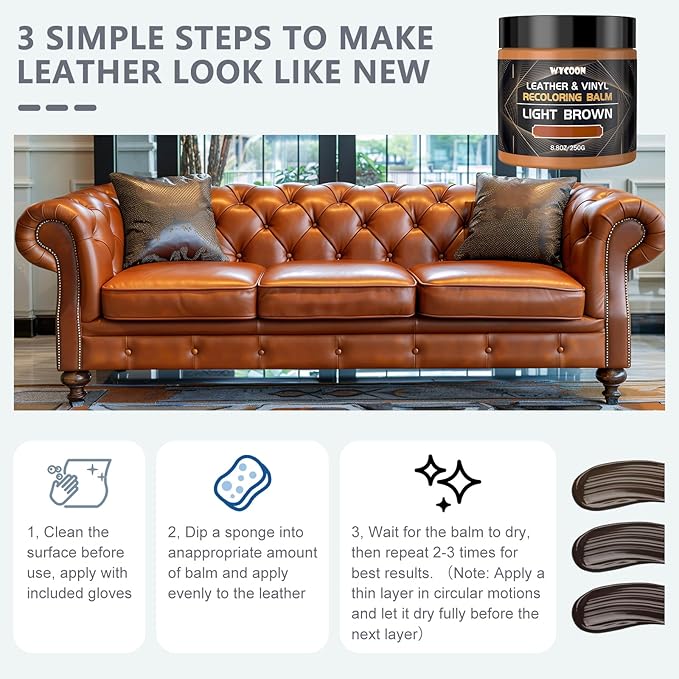 Leather Recoloring Balm & Color Restorer | Light Brown Leather Dye, Paint & Repair Kit for Furniture, Couches, Car Seats, Shoes|Restore Faded & Scratched Surfaces