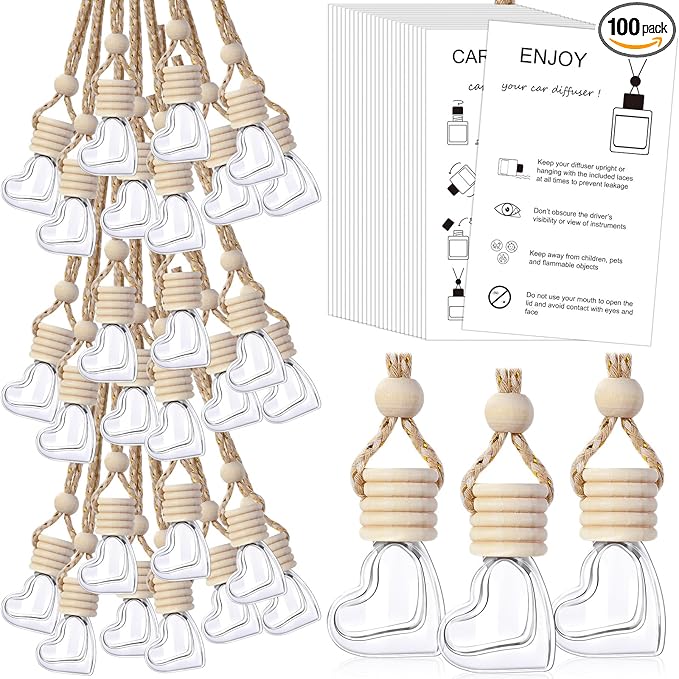 100 Sets Car Diffuser Bottles Empty Bulk Hanging Car Air Freshener Diffuser Bottles Glass Perfume Holder with Instruction Cards for Essential Oil Wedding Bridal Birthday Gifts (Heart)
