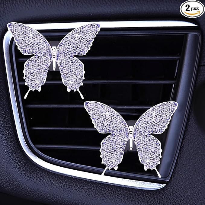 Dotesy 2 Pack Bling Bling Butterfly Air Vent Clips Crystal Butterfly Car Air Fresheners Vent Clips Diamond Cute Car Interior Decor for Women (Purple)