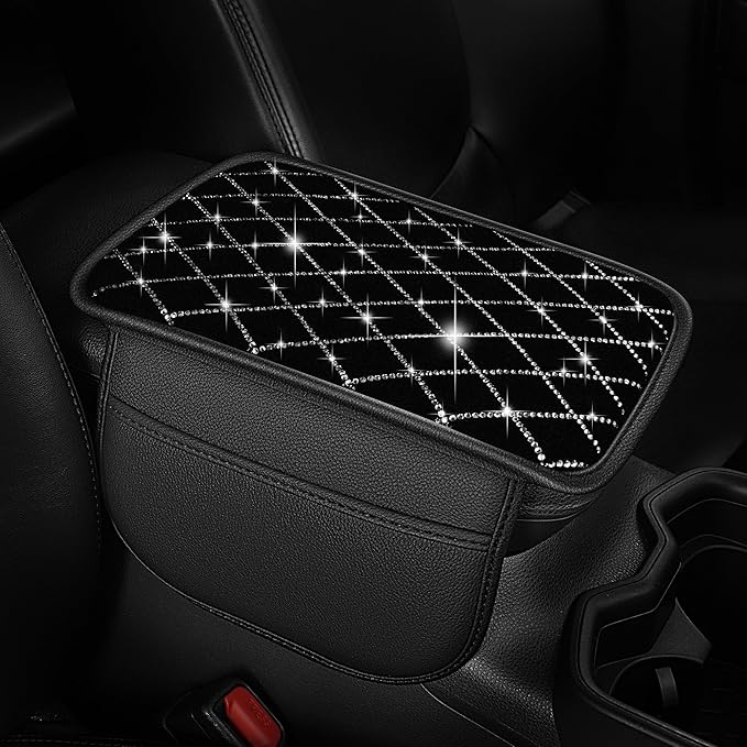 Bling Armrest Cover for Car Compatible with Jeep Gladiator - Center Console Cover with 2 Storage Pockets and Crystal Diamond(Black)