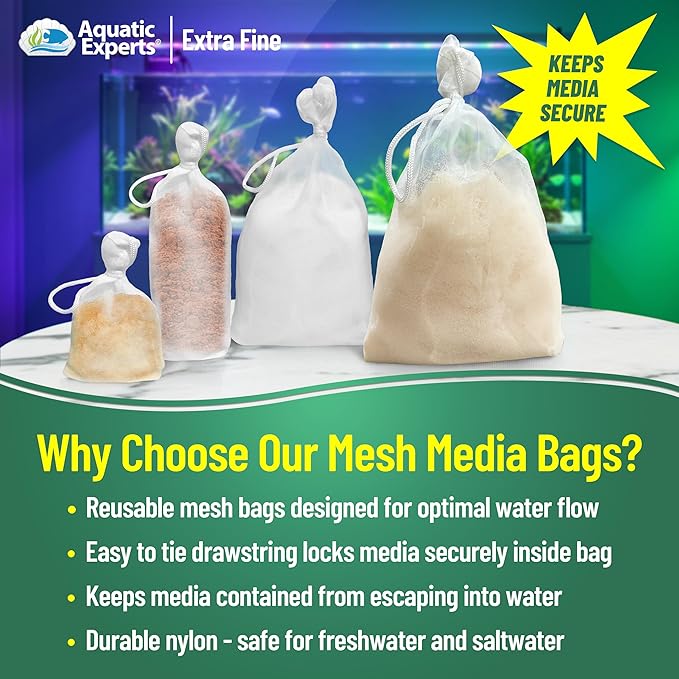 Aquatic Experts Extra Fine Aquarium Media Bag, Durable Drawstring Bags for Fish Tank Filters,150 Micron Mesh, (Extra Fine, 8" x 12" - 3 Pack)